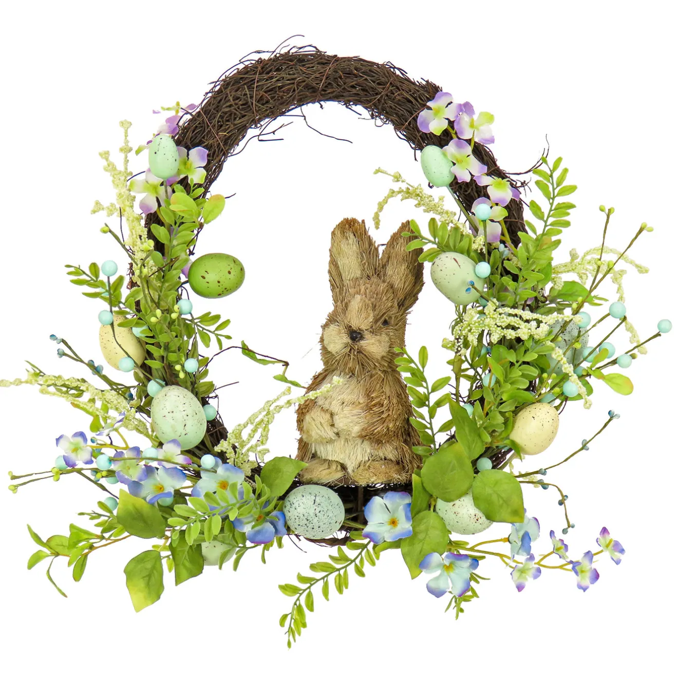 New 16 in. Easter Wreath Decorated with Wooden Bunny, Blue Flower Blooms, Pastel Eggs, Berries Wreaths