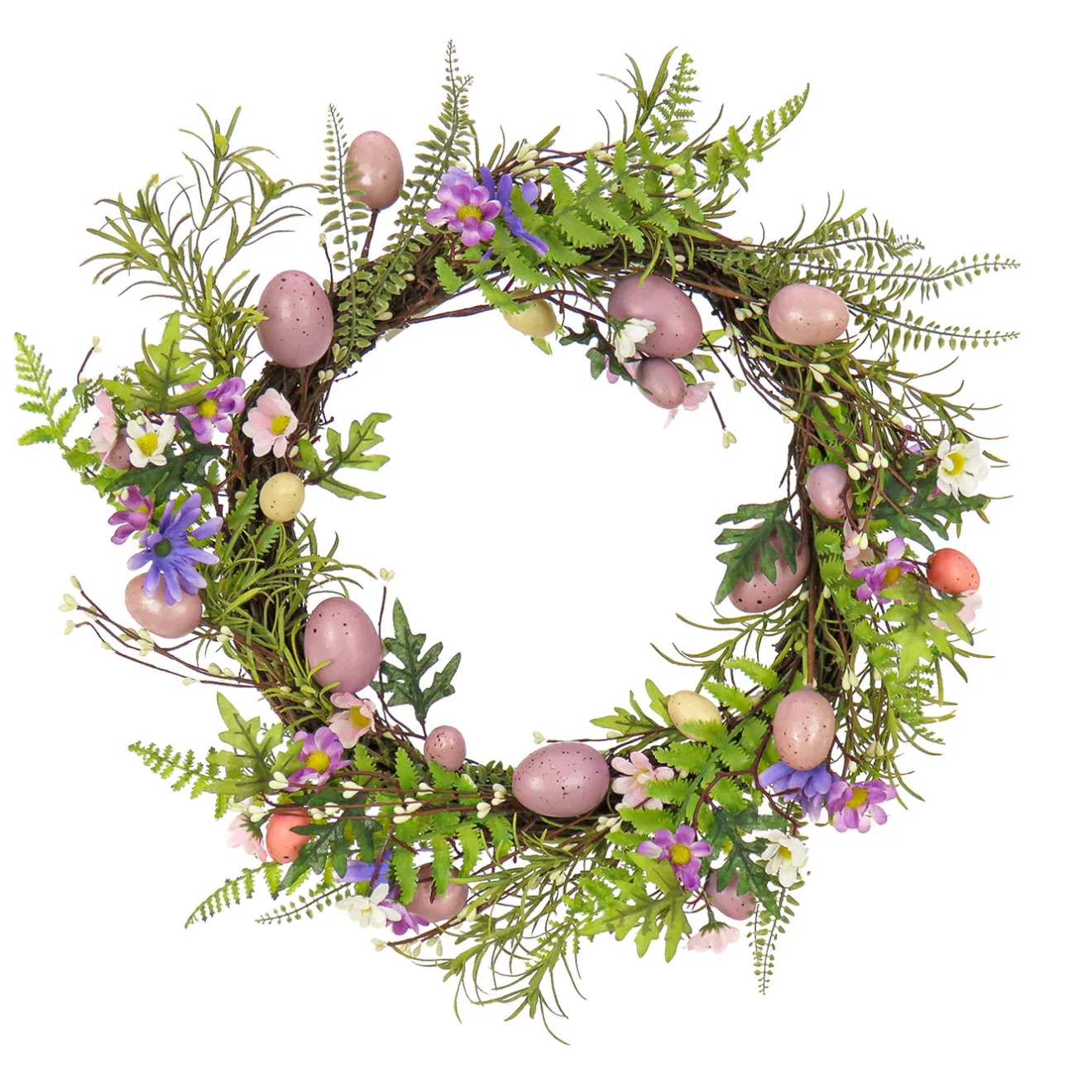 Discount 22 in. Easter Wreath Decorated with Pink Pastel Eggs, Purple Flowers, Ferns, Leafy Greens Wreaths