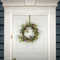 Discount 22 in. Easter Wreath Decorated with Pink Pastel Eggs, Purple Flowers, Ferns, Leafy Greens Wreaths