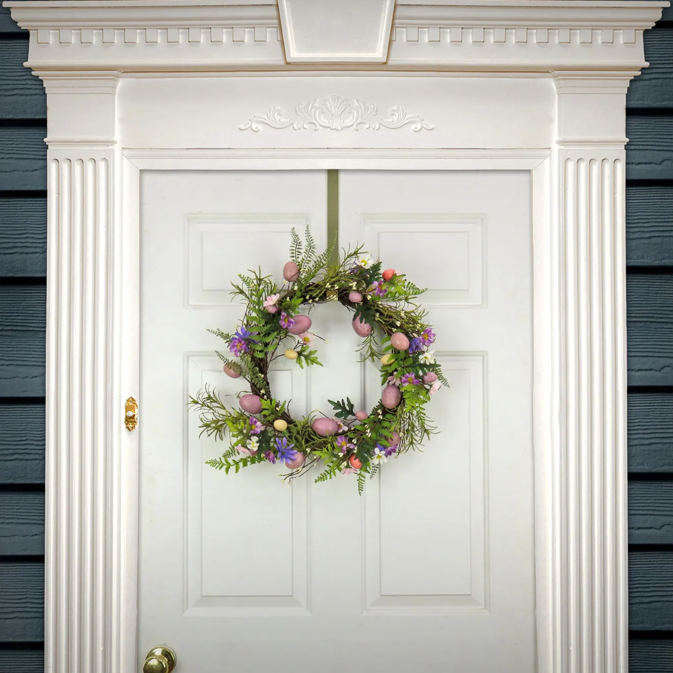 Discount 22 in. Easter Wreath Decorated with Pink Pastel Eggs, Purple Flowers, Ferns, Leafy Greens Wreaths