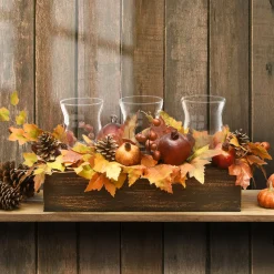 Hot 24 in. Fall Centerpiece, Decorated With Maple Leaves, Pomegranates, Pine Cones, Holds Three Candles Fall Decorations