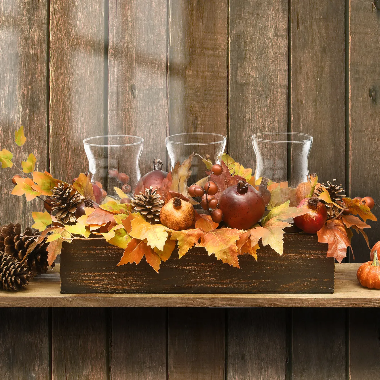 Hot 24 in. Fall Centerpiece, Decorated With Maple Leaves, Pomegranates, Pine Cones, Holds Three Candles Fall Decorations