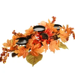Sale 24 in. Fall Centerpiece, Three Candle Holders, Decorated with Sunflower Blooms, Pinecones, Berry Clusters Fall Decorations