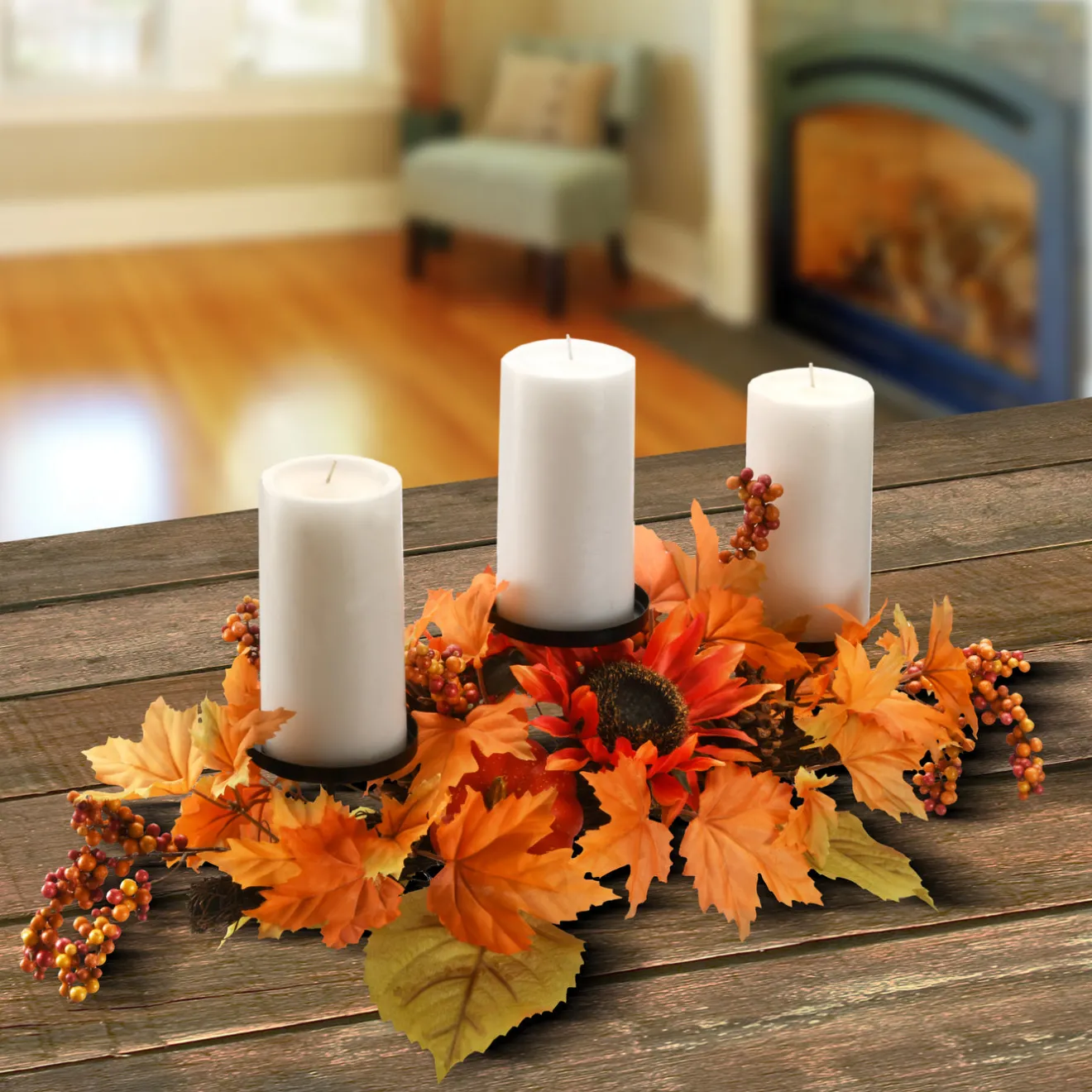 Sale 24 in. Fall Centerpiece, Three Candle Holders, Decorated with Sunflower Blooms, Pinecones, Berry Clusters Fall Decorations