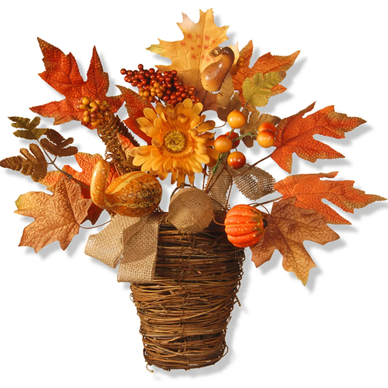 New 16 in. Fall Flowers in Wicker Basket with Pumpkins, Gourds, Berry Clusters, Burlap, Maple Leaves Fall Decorations