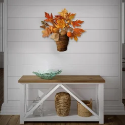 New 16 in. Fall Flowers in Wicker Basket with Pumpkins, Gourds, Berry Clusters, Burlap, Maple Leaves Fall Decorations