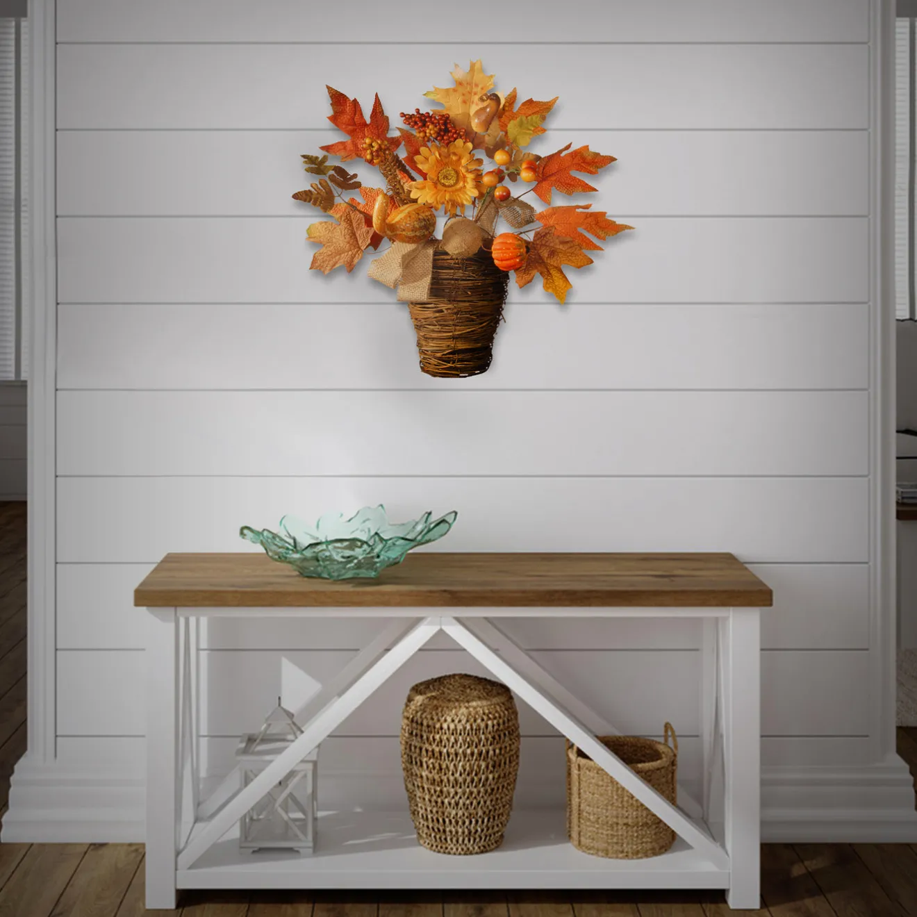 New 16 in. Fall Flowers in Wicker Basket with Pumpkins, Gourds, Berry Clusters, Burlap, Maple Leaves Fall Decorations