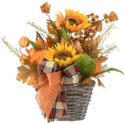 Hot 16 in. Fall Flowers in Wicker Basket, Decorated with Pumpkins, Gourds, Sunflower Blooms, Burlap Bows, Maple Leaves Fall Decorations