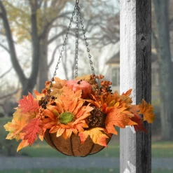 New 18 in. Fall Hanging Basket with Maple Leaves, Sunflowers, Cones, Berries, Pumpkin Fall Decorations