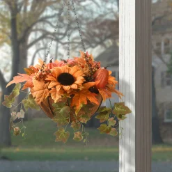Sale 18 in. Fall Hanging Basket with Ivy Leaves, Sunflowers, Cones, Berries, Gourds, Pumpkin Fall Decorations