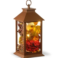 12 in. Fall Lantern with LED Lights, Filled with Pumpkins, Leaves, Flowers, Berry Clusters Fall Decorations