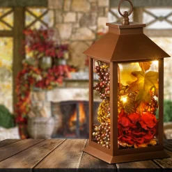 12 in. Fall Lantern with LED Lights, Filled with Pumpkins, Leaves, Flowers, Berry Clusters Fall Decorations