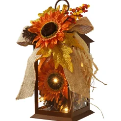 Clearance 12 in. Fall Lantern with LED Lights, Filled with Sunflower Blooms, Leaves, Pinecones, Berry Clusters Fall Decorations