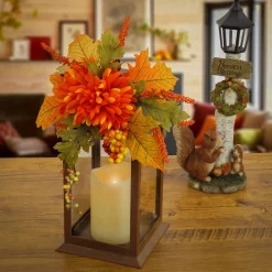 14 in. Fall Lantern with Mum Flower, Mixed Leaves, Berry Fall Decorations