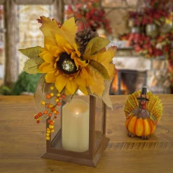 Discount 14 in. Fall Lantern with Sunflower, Mixed Leaves, Pinecone and Bow Fall Decorations