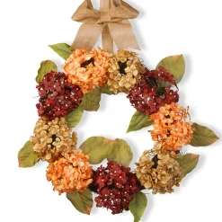 Outlet 24 in. Fall Wreath with Hydrangeas, Elm Leaves, Burlap Ribbon Wreaths