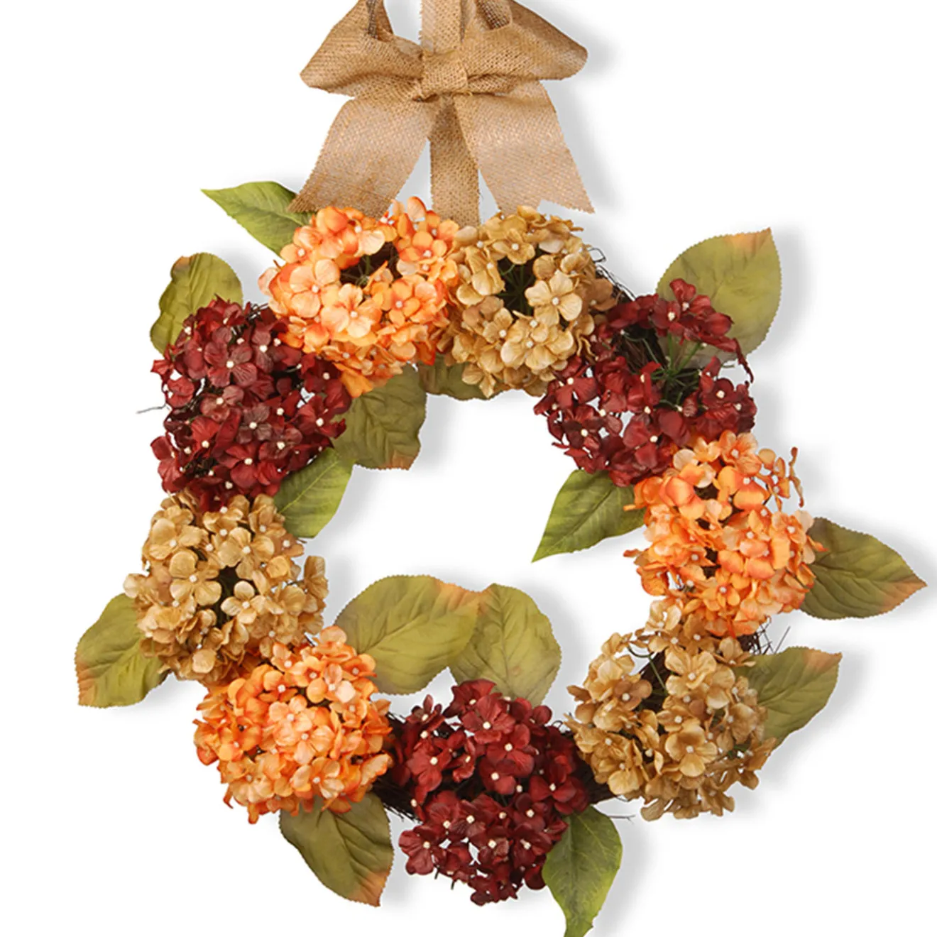 Outlet 24 in. Fall Wreath with Hydrangeas, Elm Leaves, Burlap Ribbon Wreaths