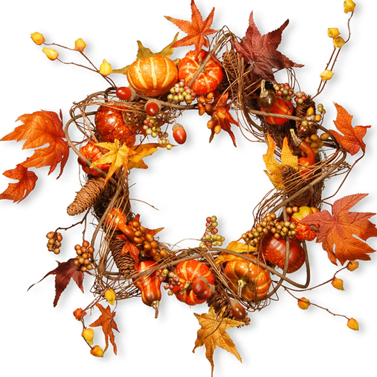 Sale 21 in. Fall Wreath with Pumpkins, Gourds, Pinecones, Berry Clusters, Maple Leaves Wreaths