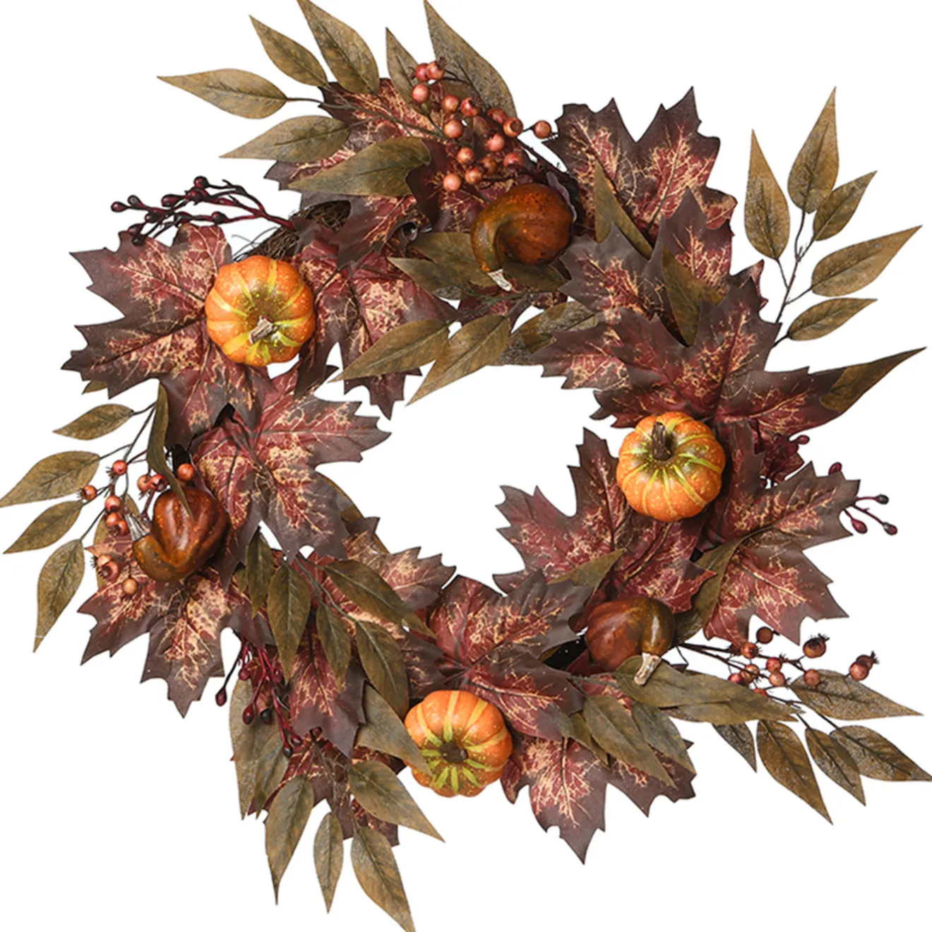 New 24 in. Fall Wreath with Pumpkins, Berry Clusters, Ivy, Maple Leaves Wreaths