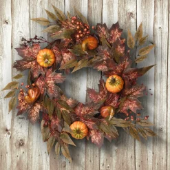 New 24 in. Fall Wreath with Pumpkins, Berry Clusters, Ivy, Maple Leaves Wreaths