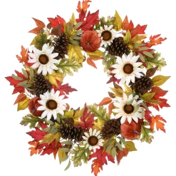 Discount 32 in. Fall Wreath with Pumpkin Gourds, Pine Cones, Maple Leaves, Sunflower Blooms Wreaths