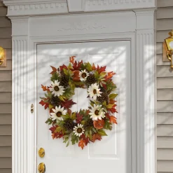 Discount 32 in. Fall Wreath with Pumpkin Gourds, Pine Cones, Maple Leaves, Sunflower Blooms Wreaths