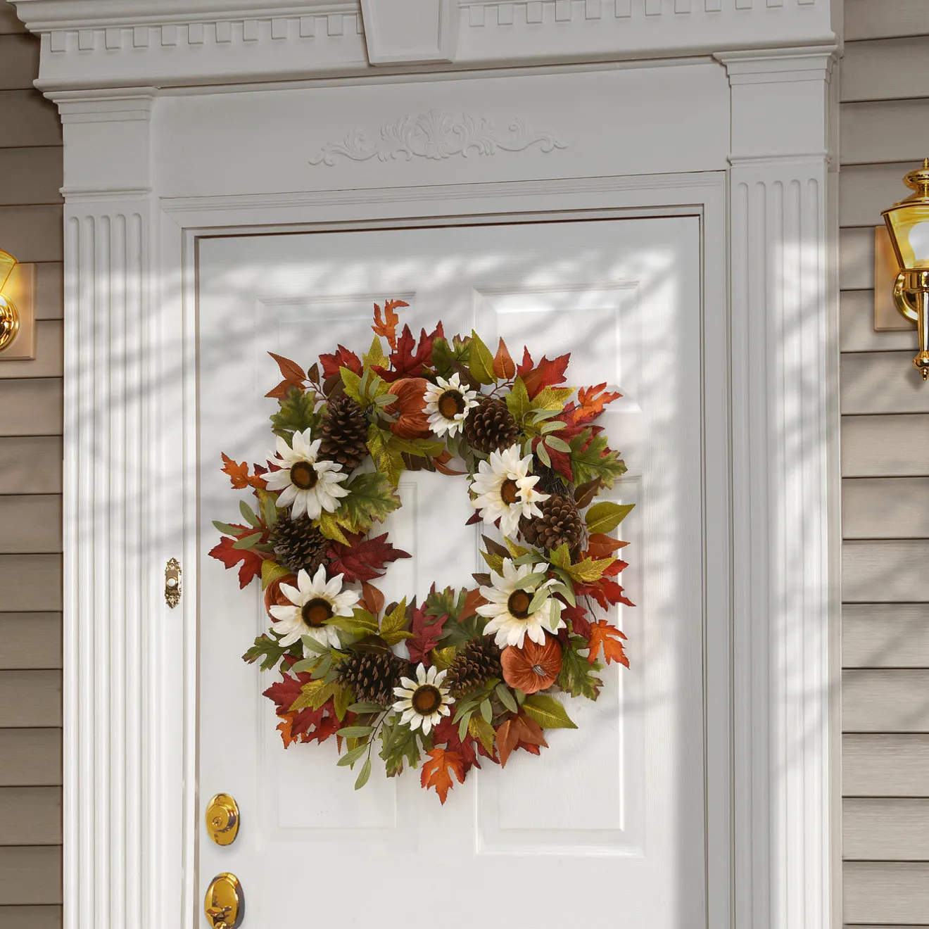 Discount 32 in. Fall Wreath with Pumpkin Gourds, Pine Cones, Maple Leaves, Sunflower Blooms Wreaths