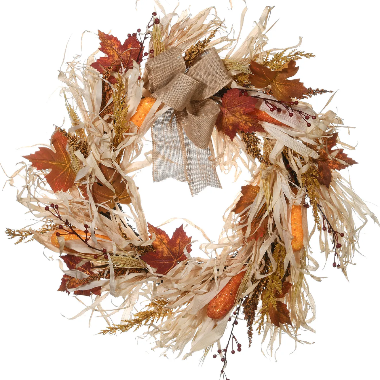 New 24 in. Fall Wreath with Raffia Leaves, Corn Cobs, Berry Clusters Wreaths
