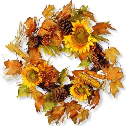 Clearance 24 in. Fall Wreath with Sunflowers, Pinecones, Berry Clusters, Corncobs, Maple Leaves Wreaths