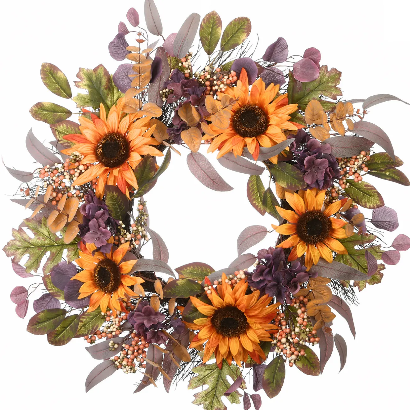 New 30 in. Fall Wreath with Sunflowers, Hydrangea Blooms, Assorted Leaves, Berry Clusters Wreaths