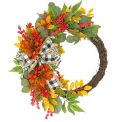 24 in. Fall Wreath with Twig, Dahlia, Eucalyptus and Bow Wreaths