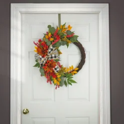 24 in. Fall Wreath with Twig, Dahlia, Eucalyptus and Bow Wreaths