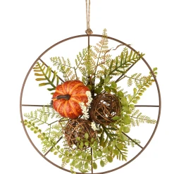 Sale 13 in. Flower Circle Hanging Fall Decoration with Fern Fronds, Leaves, Pumpkins, Twig Cones Fall Decorations