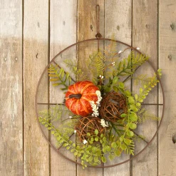 Sale 13 in. Flower Circle Hanging Fall Decoration with Fern Fronds, Leaves, Pumpkins, Twig Cones Fall Decorations