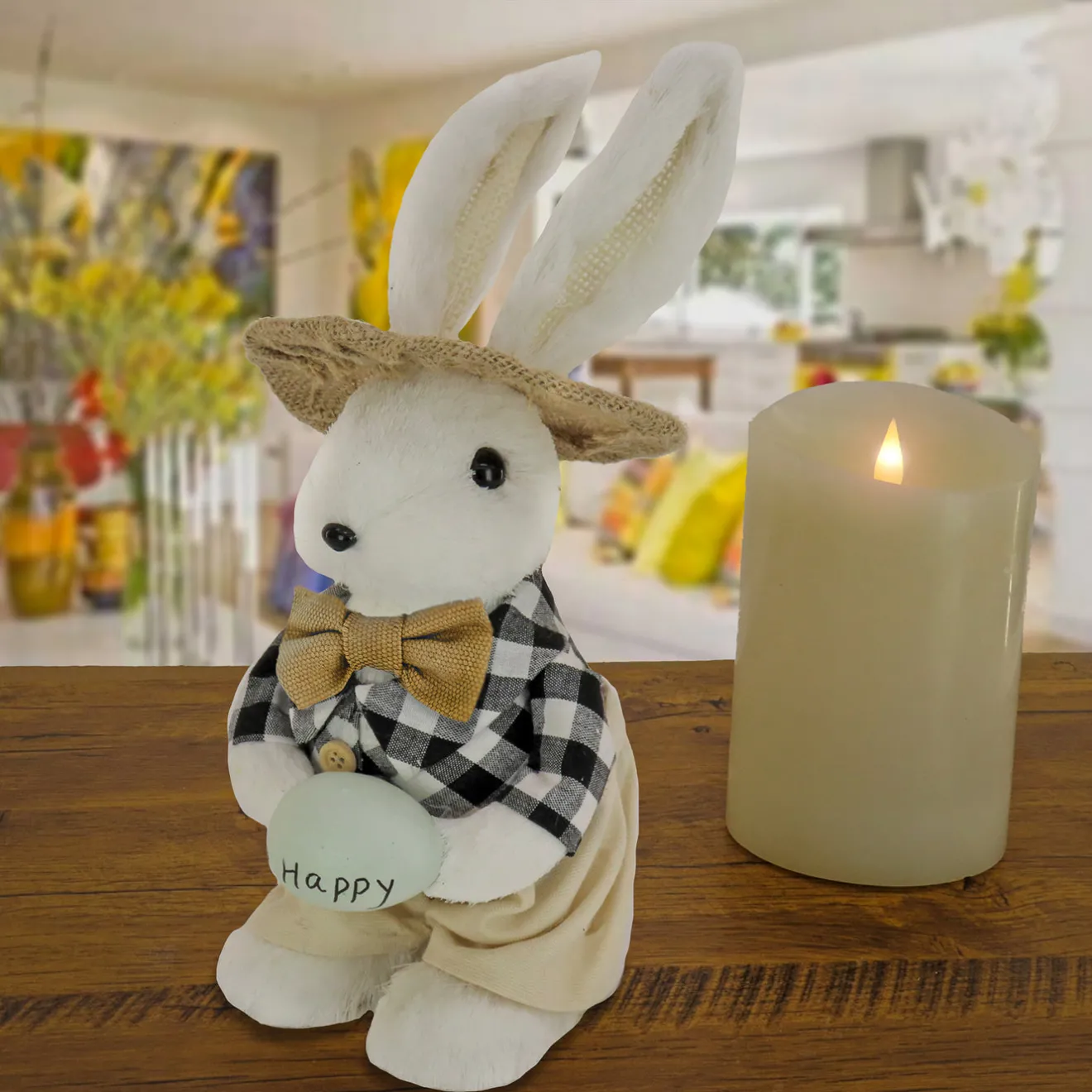 Discount 12 in. Fluffy Bowtie Male Easter Bunny Holding Easter Egg Table Decoration Table Decorations