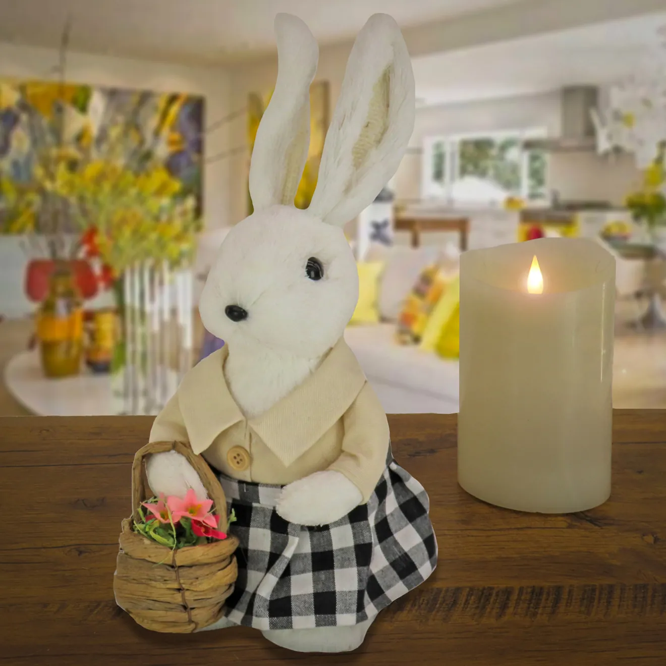 Discount 12 in. Fluffy Female Bunny Holding Flower Basket Table Decoration Table Decorations