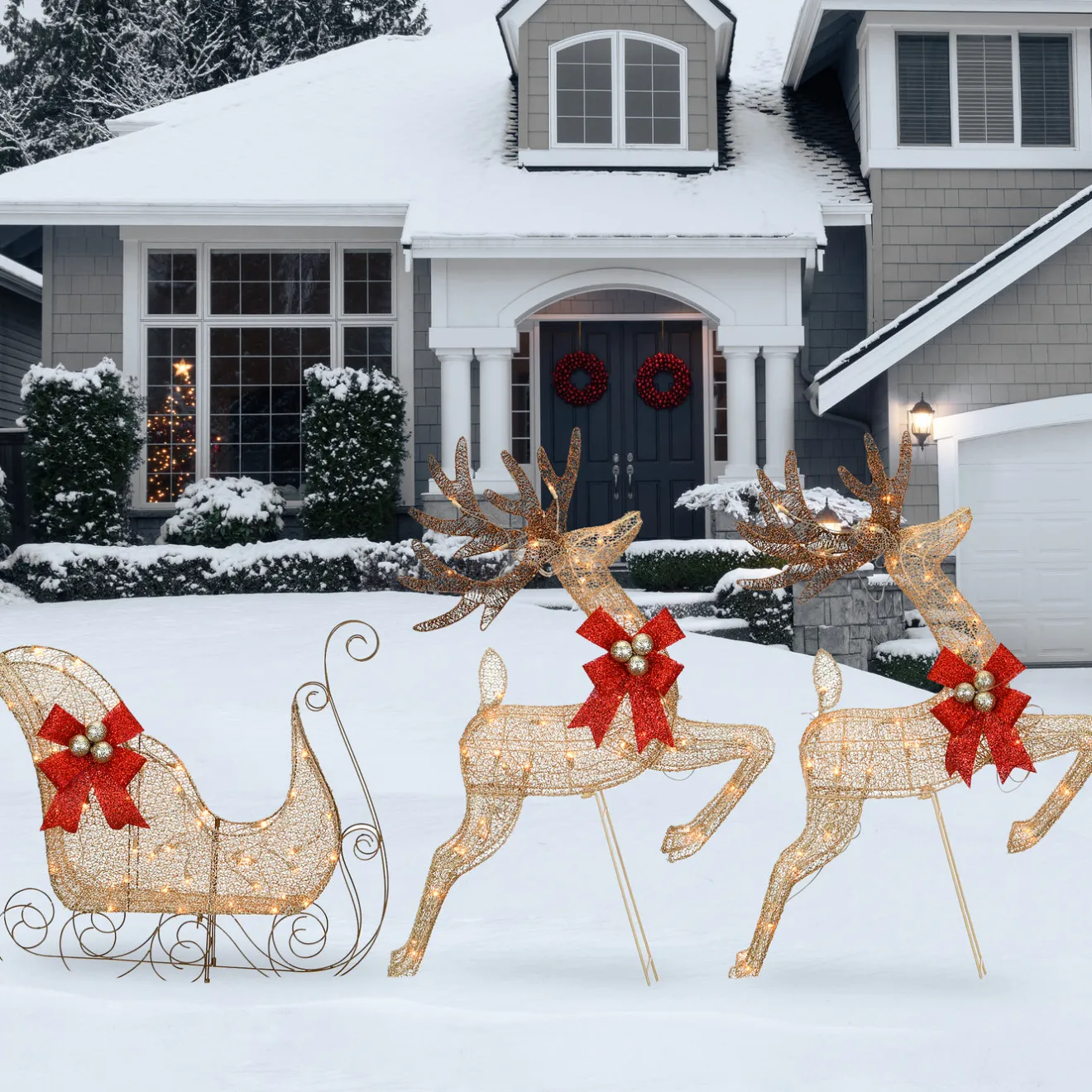 Hot 42 in. Glittered Mesh Fabric Deer with 27 in. Sleigh and Lights Yard Decorations