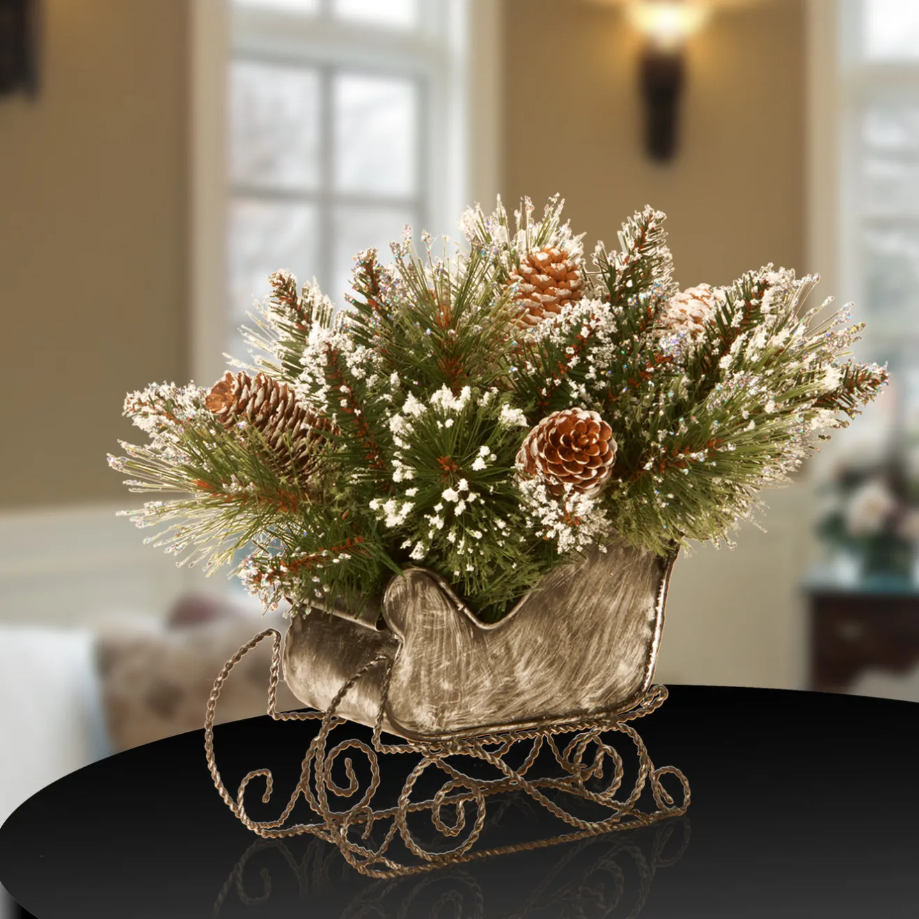 Online 10 in. Glittery Bristle Pine Sleigh Centerpieces