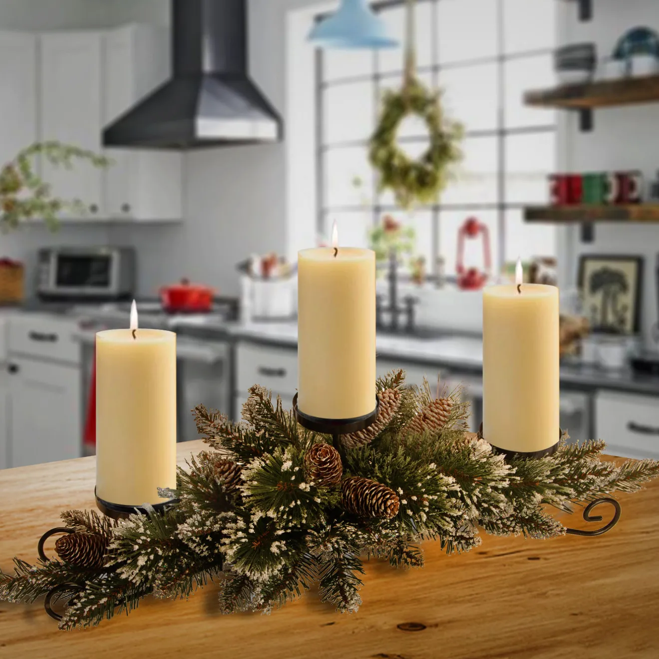 Hot 30 in. Glittery Bristle Pine Centerpiece and Candle Holder Centerpieces