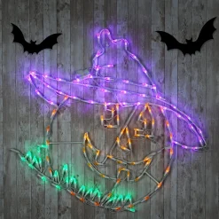 Discount 32 in. Halloween Jack O Lantern Lighted Sign Decoration with LED Lights Sign Decorations