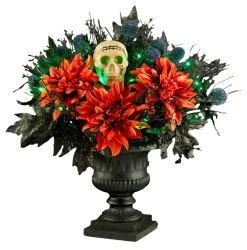 Online 20 in. Halloween Boo-tiful Urn with Orange Florals and White Skull, LED Lights Indoor Decorations