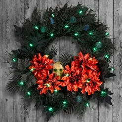 New 24 in. Halloween Boo-tiful Wreath with Orange Florals and White Skull, LED Lights Wreaths