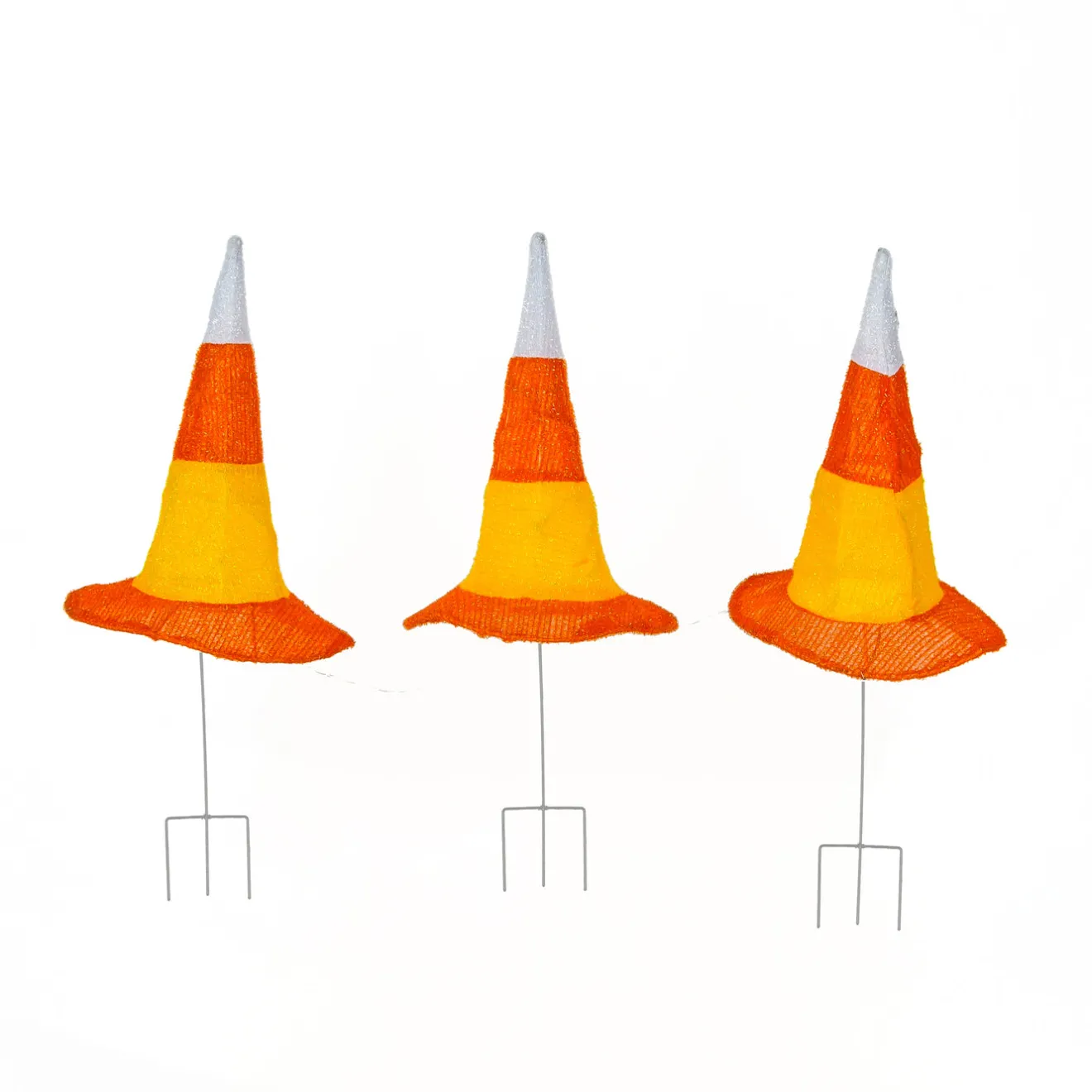 Discount 23 in. Halloween Candy Corn Witches Hats Garden Stake Lawn Decoration with LED Lights Outdoor Decorations