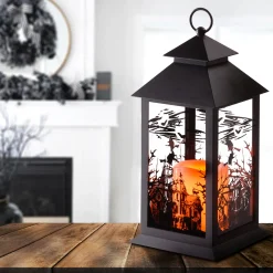 Hot 12 in. Halloween Carved Images of Witches Haunted House Lantern with LED Lights Indoor Decorations