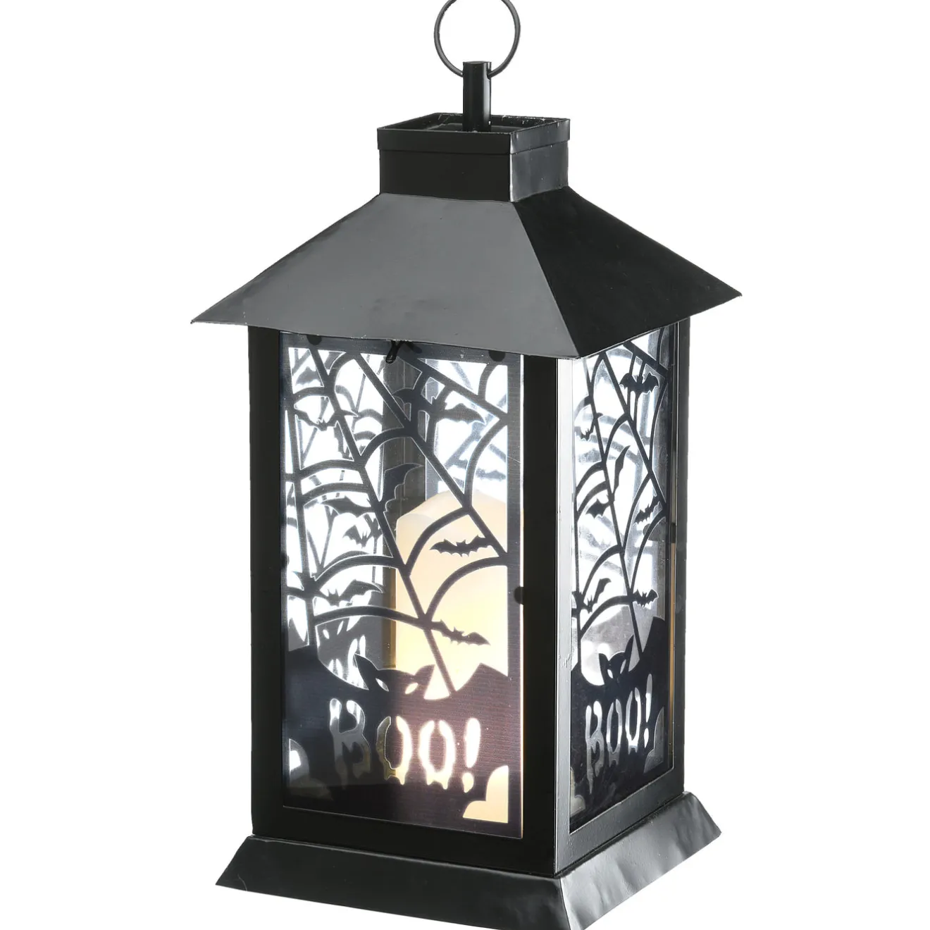 Clearance 16 in. Halloween Carved Images of Bats and Cobwebs Lantern with LED Lights Indoor Decorations
