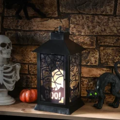 Clearance 16 in. Halloween Carved Images of Bats and Cobwebs Lantern with LED Lights Indoor Decorations