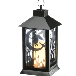 16 in. Halloween Carved Images of Witches and Cobwebs Lantern with LED Lights Indoor Decorations
