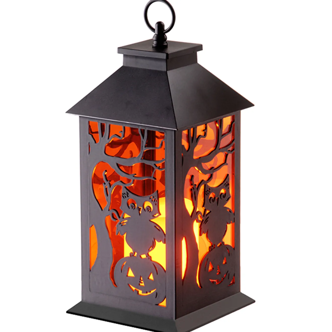 12 in. Halloween Carved Images of Owls Pumpkins Leafless Trees Lantern with LED Lights Indoor Decorations