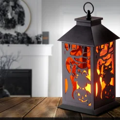 12 in. Halloween Carved Images of Owls Pumpkins Leafless Trees Lantern with LED Lights Indoor Decorations