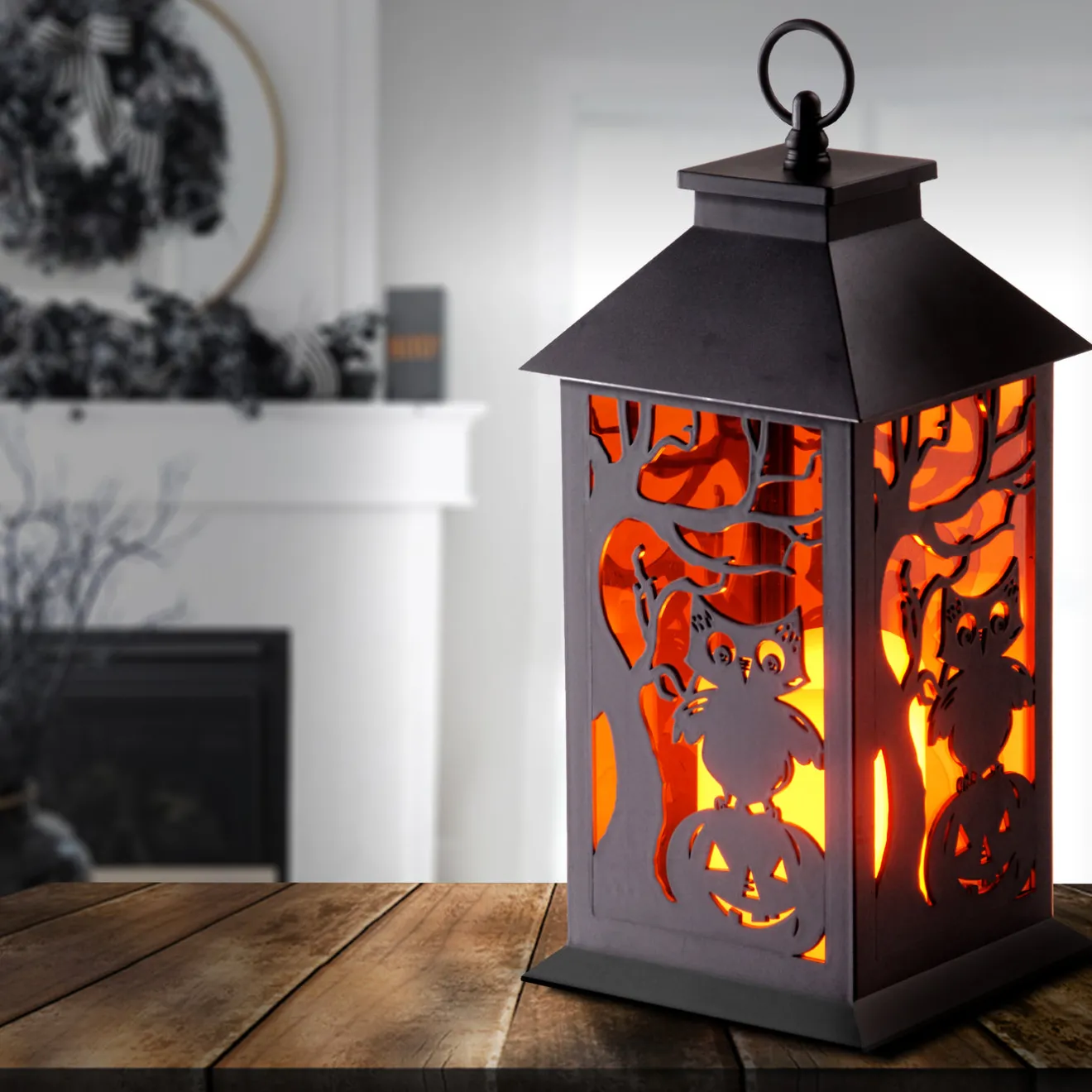 12 in. Halloween Carved Images of Owls Pumpkins Leafless Trees Lantern with LED Lights Indoor Decorations